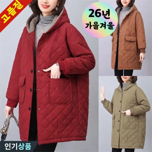 115kg까지 빅사이즈 여성 기모 후드 퀼팅 뽀글이 패딩 코트 가을 겨울 따뜻한 두꺼운 방한 외출 아우터 누빔 아가일 웰론 큰옷 여성의류 4xl 중년여성 40 50대 도툼한 점퍼