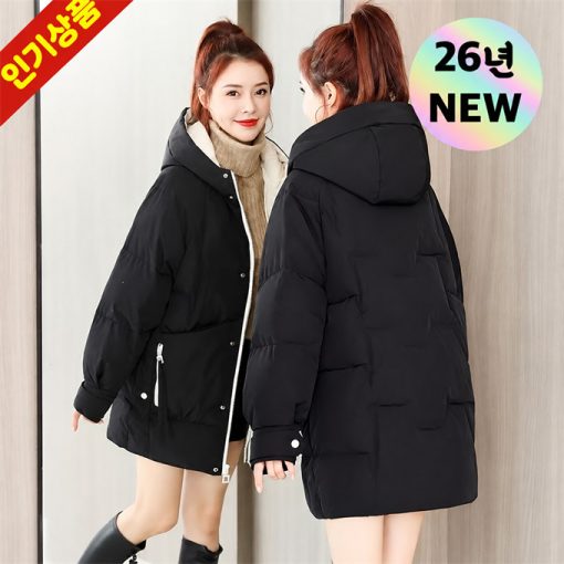 여성 볼륨감 깔깔이 후드 미디 웰론 패딩 점퍼 겨울 빅사이즈 추천 3xl 롱패딩 빵빵한 배색 지퍼 두꺼운 도톰 따뜻한 방한 외출 복 푸퍼 트렌디 블랙 디자인 코트